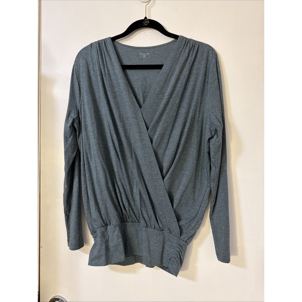 Garnet Hill Blouson Surplice Blue Knit Top Size L V Neck Organic Pima Cotton